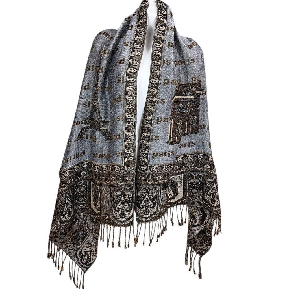 Reversible Women Paris Eiffel Tower City Tour Pashmina Shawl Wrap Scarf Gray